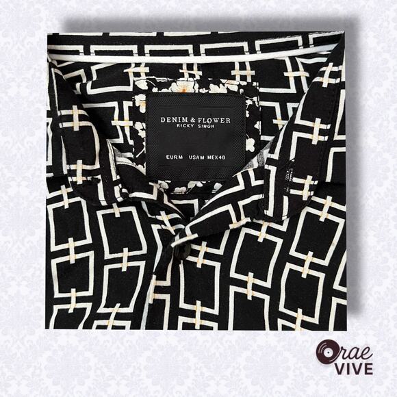 Denim & Flower by Ricky Singh Men’s Shirt Medium Black White Short Sleeve - Picture 3 of 3